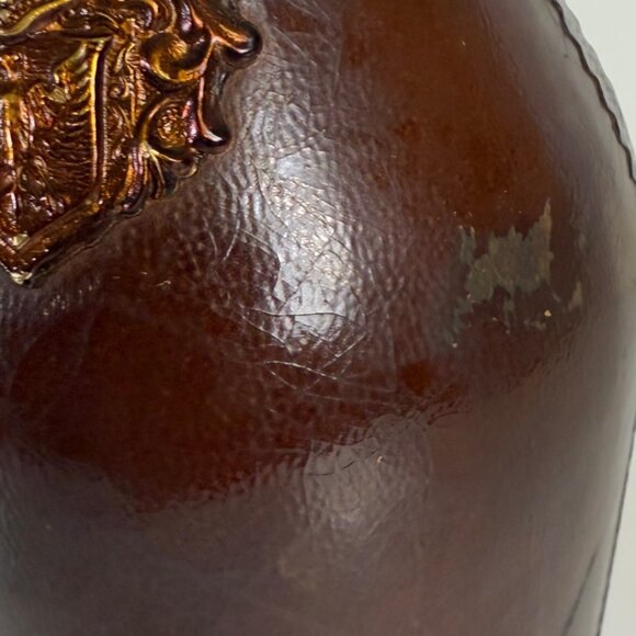 Decorative Leather Wrapped Bottle Decanter Brown Ornate Crest Vintage Home Decor - Picture 8 of 16